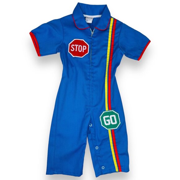 Vintage Montgomery Ward Color Block STOP GO Mechanic Longalls Romper Outfit 18m - Picture 1 of 13